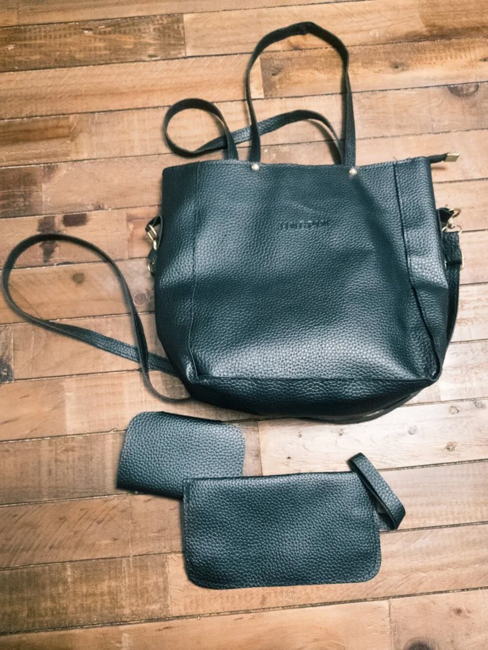 Jingpin 3pc Bag Set Black Pebbled Faux Leather Tote Matching Wallets‎
